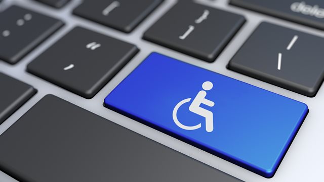 Website and internet online content accessibility and accessible computing or assistive technology concept with wheelchair icon and symbol on a blue laptop computer key 3D illustration