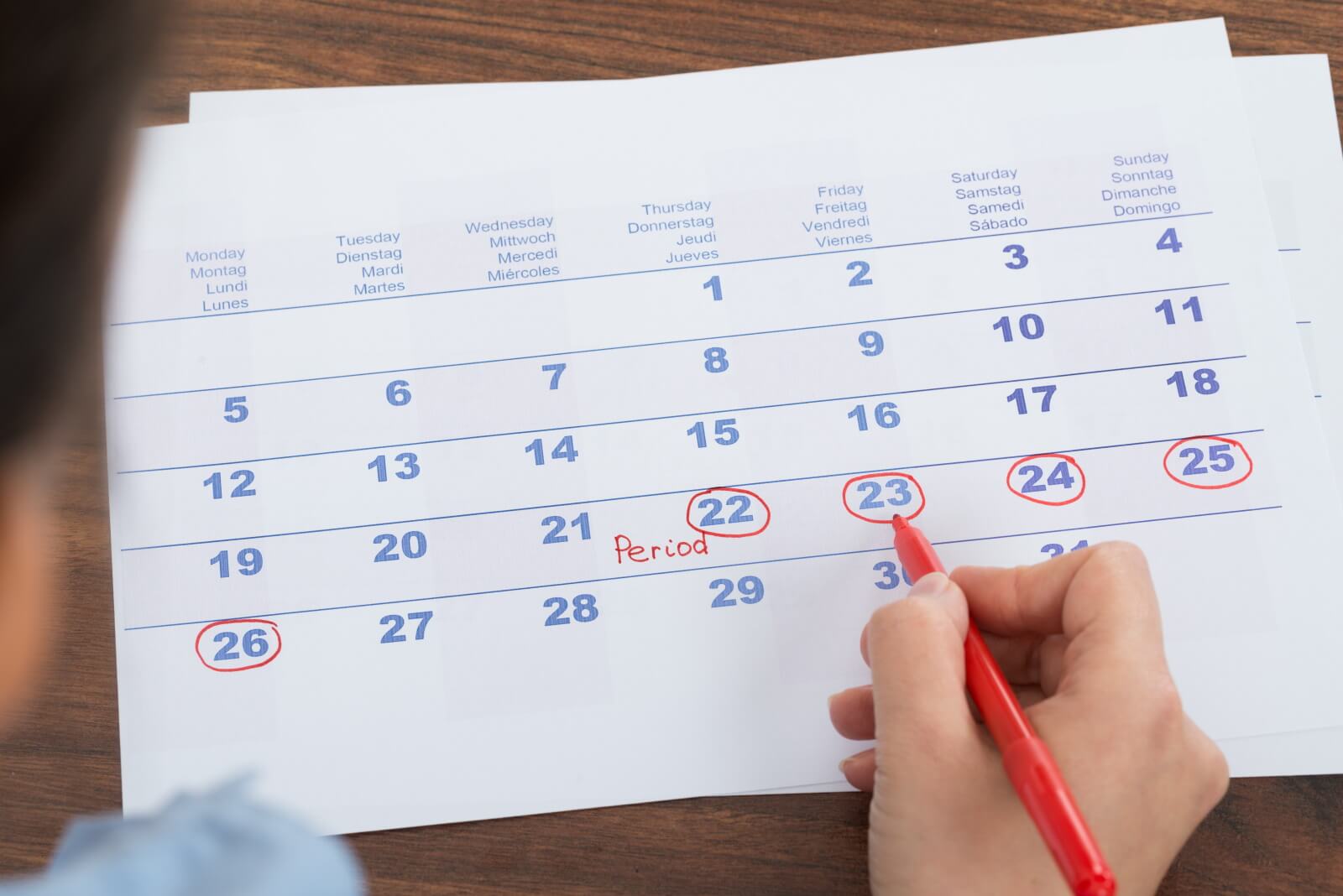 Calendar with days circled and the word 'Period'