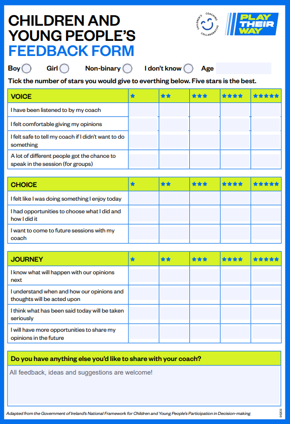 feedback template to capture children's ratings of a session based on voice, choice and journey