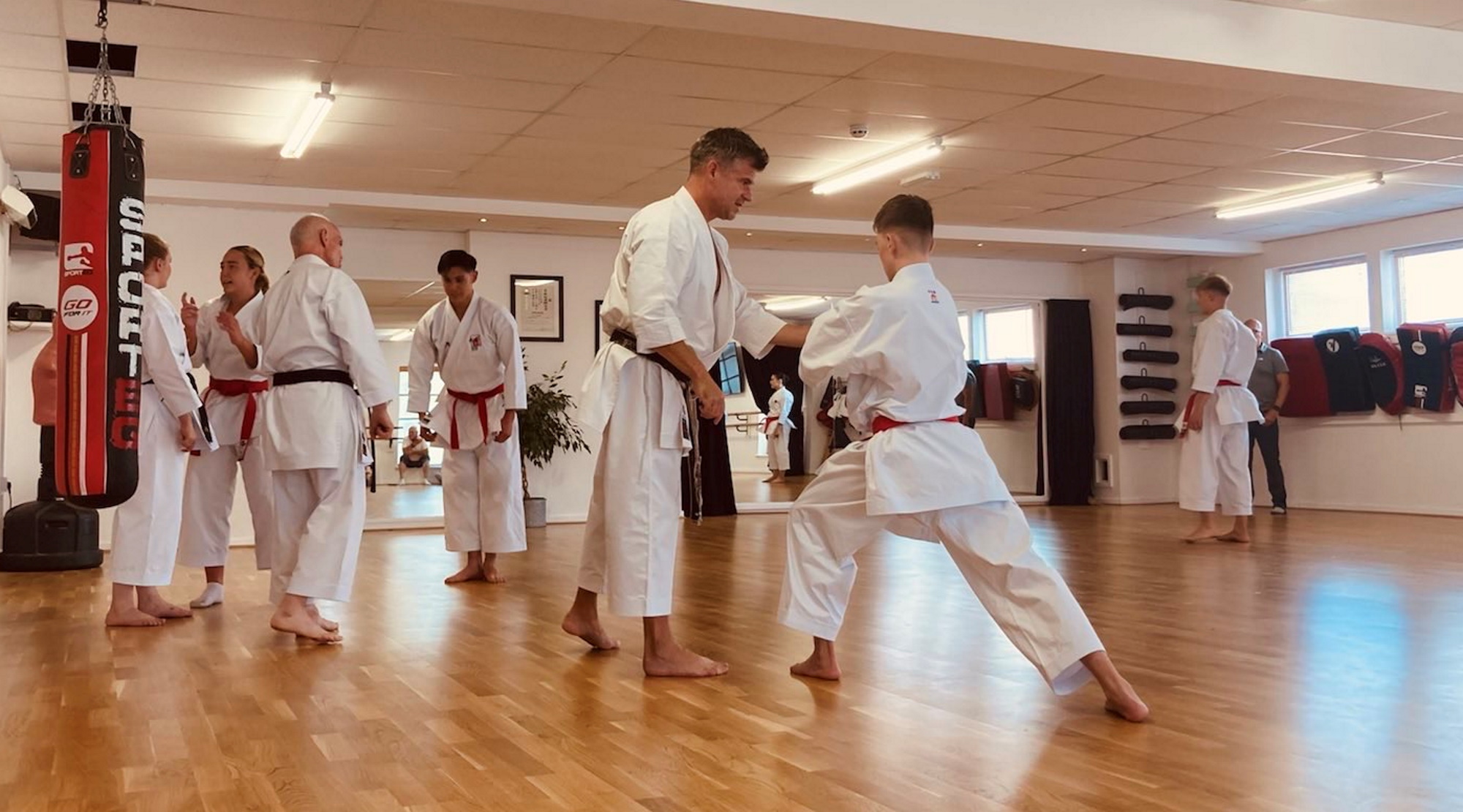 Karate coach passes on advice to a student as they practise a technique
