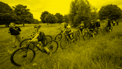 Group of children cyclists waiting to start an activity