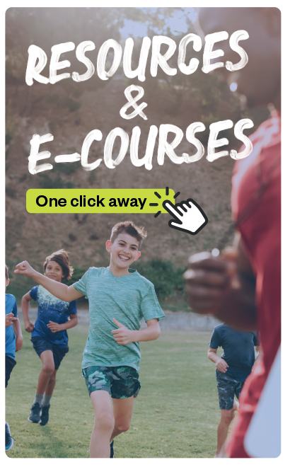 Boy running on a field with overlayed text saying free e-courses one click away