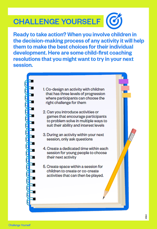 Infographics including questions to ask children about how you can improve coaching sessions